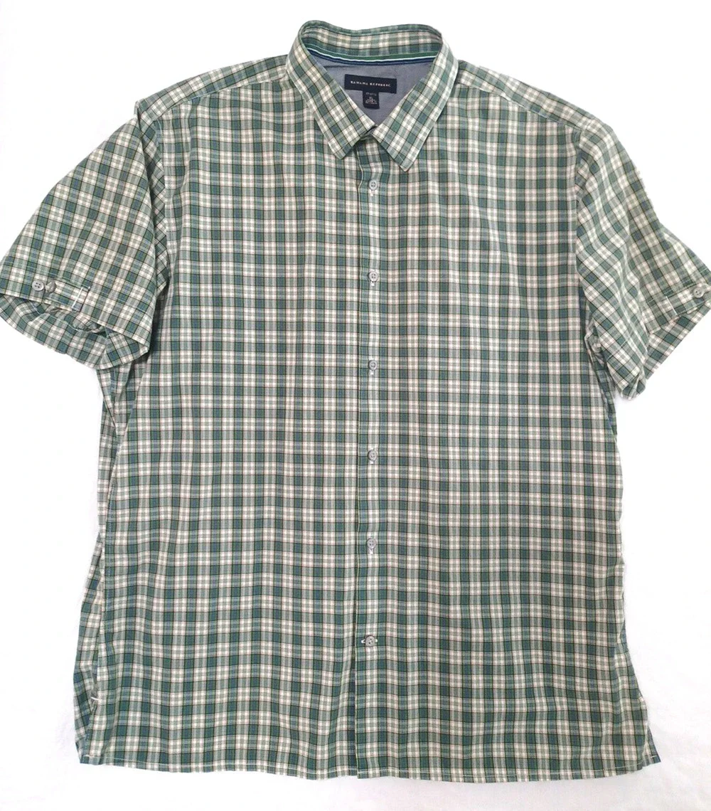 Banana Republic Mens Green Plaid Button SS Shirt Sz XL Chest 50